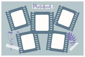 Photobook Frame for collage scrapbooking , film, photo frame, purple camomile leaf flower print, herbarium. vector