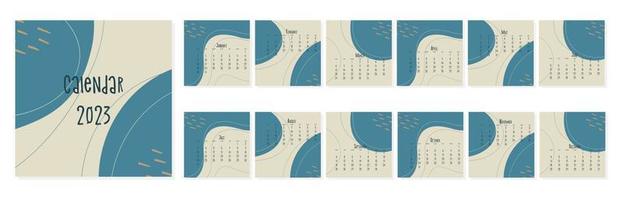 conjunto de plantilla azul de calendario 2023 por meses, concepto de portada de calendario, ilustración abstracta de estilo boho. vector