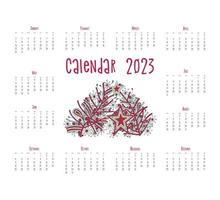 Calendar 2023 poster Viva Magenta trend color 2023 , doodle stylized stars decoration and Christmas tree. vector