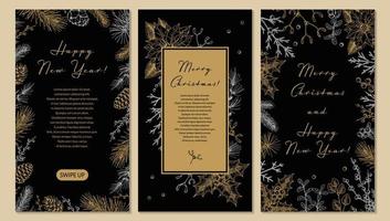 Set of Merry Christmas and Happy New Year vertical greeting cards with hand drawn golden botany elements. Vector illustration in sketch style. Festive backgrounds. Social media stories templates