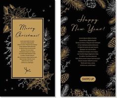 Two side Merry Christmas and Happy New Year vertical greeting card with hand drawn golden botany element. Vector illustration in sketch style. Festive backgrounds. Social media stories templates