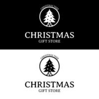 silueta de árbol de navidad en forma de círculo para icono de diseño de logotipo de tienda de regalos clásico retro vintage vector