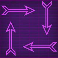 Neon light arrow purple glow sign for direction vector illustration set. Shine information element, navigation pointer, bright graphic object. Previous next left right up down button. Ui interface