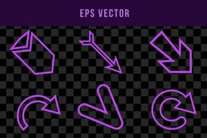 Neon light arrow purple glow sign for direction vector illustration set. Shine information element, navigation pointer, bright graphic object. Previous next left right up down button. Ui interface