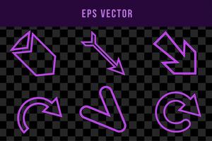 flecha de luz de neón signo de brillo púrpura para el conjunto de ilustración de vector de dirección. elemento de información brillante, puntero de navegación, objeto gráfico brillante. anterior siguiente izquierda derecha arriba abajo botón. interfaz de usuario