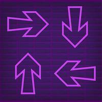 Neon light arrow purple glow sign for direction vector illustration set. Shine information element, navigation pointer, bright graphic object. Previous next left right up down button. Ui interface