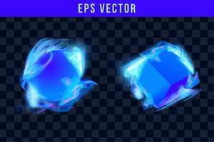 llamas de fuego azul sobre objeto con transparencia aislado sobre fondo de vector a cuadros. Efectos especiales de luz para diseño y decoración. bola de fuego fácil de usar.