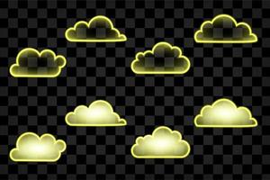 Set of yellow glow neon cloud isolated. Linear contour. Weather. Vector illustration