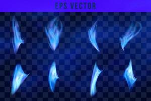 Blue fire flames realistic set of different forms and sizes on black background isolated vector illustration