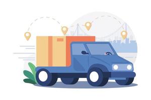 Delivery truck with man is carrying parcels on points vector