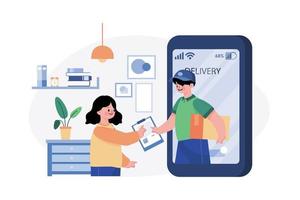 Women receive a package appears on-screen phone by courier at home vector