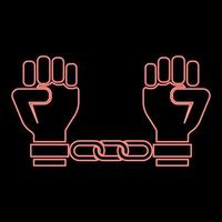 Neon handcuffed hands Chained human arms Prisoner concept Manacles on man Detention idea Fetters confine Shackles on person icon black color vector illustration flat style image red color vector