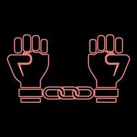 Neon handcuffed hands Chained human arms Prisoner concept Manacles on man Detention idea Fetters confine Shackles on person icon black color vector illustration flat style image red color vector