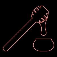 Neon honey drips from honey spoon into pot Stick with wooden and jar liquid nectar icon black color vector illustration flat style image red color vector illustration image flat style