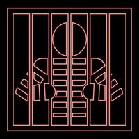 Neon prisoner behind bars holds rods with his hands Angry man watch through lattice in jail Incarceration concept red color vector illustration image flat style