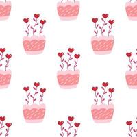 Seamless pattern. Flowers in pot. Shape of heart. Vector