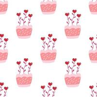 Seamless pattern. Flowers in pot. Shape of heart. Vector