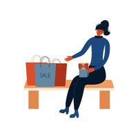 Happy Girl with boxes of gifts and bags. Vector flat
