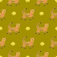 Seamless pattern. Walking cat with flowers. Vector
