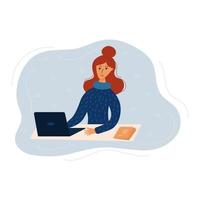 Happy girl sits at a table with laptop. Flat vector