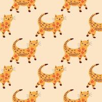Seamless pattern. Walking cat in flowers and leaves. Vector