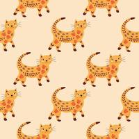 Seamless pattern. Walking cat in flowers and leaves. Vector