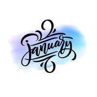 Handwritten lettering of winter month JANUARY on watercolor splash background. Vector illustration with calligraphy. Letters drawn with brush. Calendar typography template. Hello January