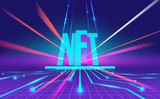 Vector illustration with NFT typography, rays on blue background. Concept of non-fungible tokens, digital items for crypto art, gaming, collectible and blockchain technology for infographics, banner.