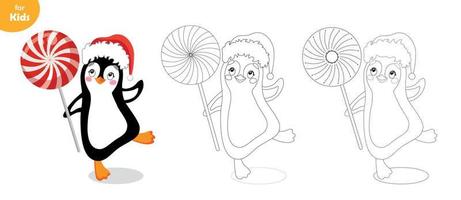 Coloring Book For Children. Penguin In New Year's Hat With A Lollipop vector