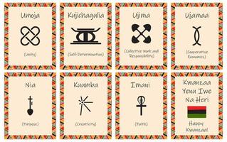 A set of cards with seven signs of the Kwanzaa principles. Symbol with names in Swahili. Poster with an ethnic African pattern in traditional colors. Vector illustration