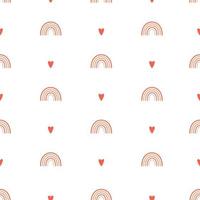 Seamless pattern with simple rainbows and hearts. The simple minimalistic background is perfect for wrapping paper, children's textiles. Vector isolated on a white background.