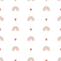 Seamless pattern with simple rainbows and hearts. The simple minimalistic background is perfect for wrapping paper, children's textiles. Vector isolated on a white background.