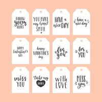 A set of gift tags with black and white handwritten phrases for Valentine's Day. A collection of present labels with congratulations and wishes. Simple vector illustrations on a white background.