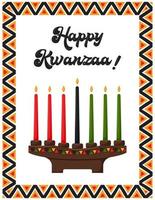 Happy Kwanzaa. Greeting card with traditional candle holder - Kinara with candles, symbolizing seven principles of Kwanzaa. Frame with African triangle patterns. Color vector illustration on white
