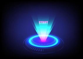 Business and technology concept. The glowing button with light rays starts on blue background. Start-up for the new business opportunity. The digital innovation product and cyberspace. vector