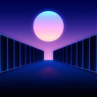 Retro styled digital futuristic landscape with moon and dark corridor gate vector