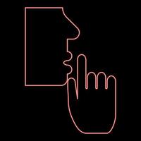 Neon keep silence concept Man shows index finger quietly Person closed his mouth Shut his lip Shh gesture Stop talk please theme Mute red color vector illustration image flat style