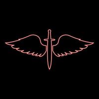 Neon wings and sword symbol cadets Winged blade weapon medieval age Warrior insignia Blazon bravary concept red color vector illustration image flat style