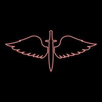 Neon wings and sword symbol cadets Winged blade weapon medieval age Warrior insignia Blazon bravary concept red color vector illustration image flat style