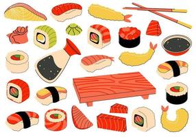 un juego de sushi japonés, rollos. artículos para comida asiática. cocina japonesa. ilustración vectorial platos asiáticos para menús y restaurantes. vector