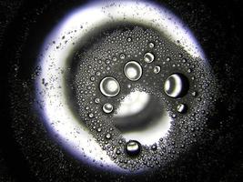 macro shot of bubbles, drops of fat on water look like penguin. photo