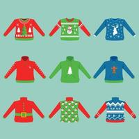 Collection of ugly Christmas sweaters or jumpers. holiday clothes with different cute prints and ornaments vector