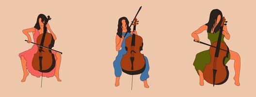 conjunto de tres chicas tocan el violonchelo. mujer joven. violonchelo. vector