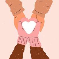 Hands in mittens hold a heart made of snow. Love, Valentine's Day. vector
