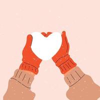 Hands in mittens hold a heart made of snow. Love, Valentine's Day. vector