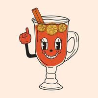 Retro Mulled wine in a cup. 30s cartoon mascot character -. 40s, 50s, 60s old animation style.Mulled wine with cinnamon.Vector in cartoon style. All elements are isolated vector