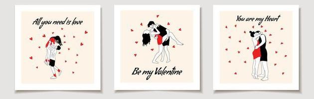 Valentines day concept, card set of couples in love over white background, colorful minimalistic simple design, vector illustration