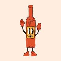 Retro wine in a bottle. 30s cartoon mascot character -. 40s, 50s, 60s old animation style.Mulled wine with cinnamon.Vector in cartoon style. All elements are isolated vector