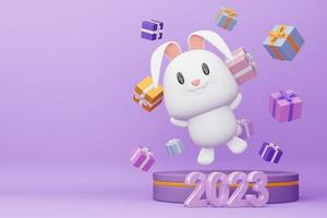 Happy new year 2023, year of the rabbit, 3d rendering photo