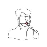 woman paints her lips - one line drawing. woman doing her makeup vector